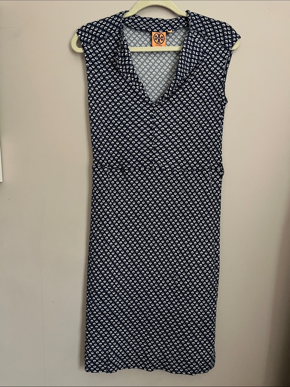 Tory Burch navy blue and white geometric print sleeveless dress size medium